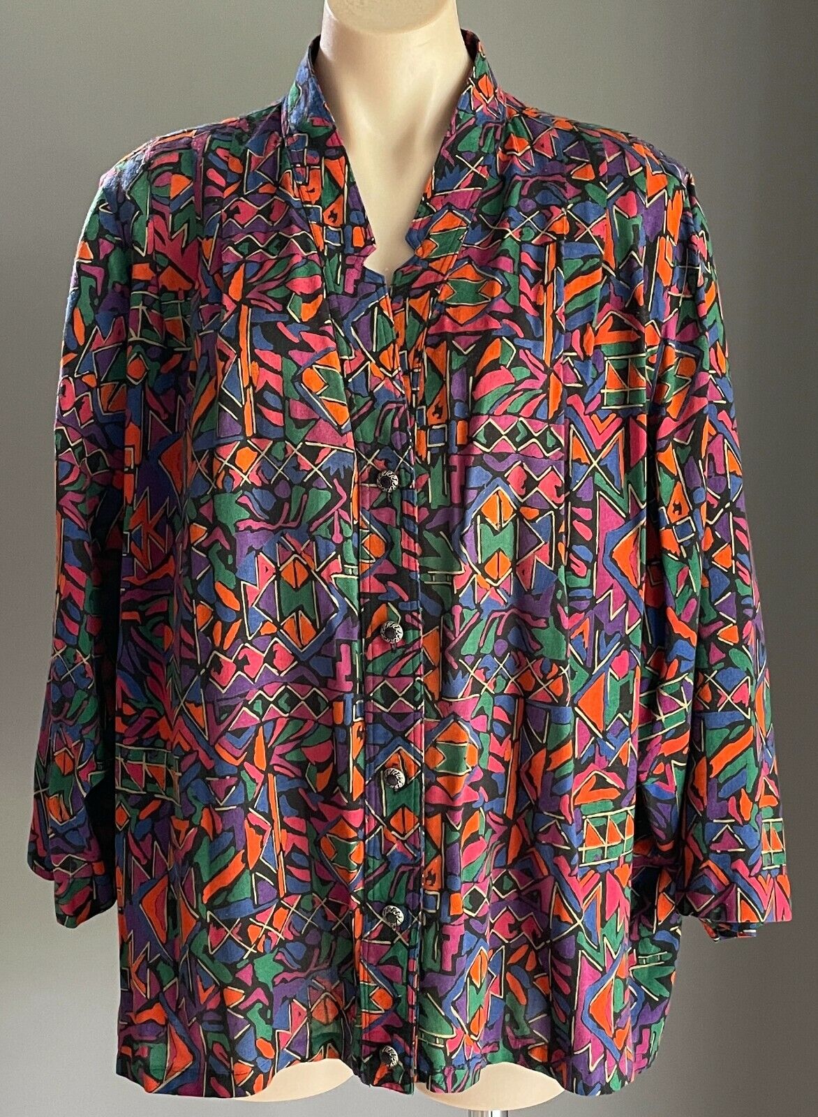 DOLINA PLUS Top Bold Colour Print 3/4 Sleeve Blouse Shirt Size 24 Vintage