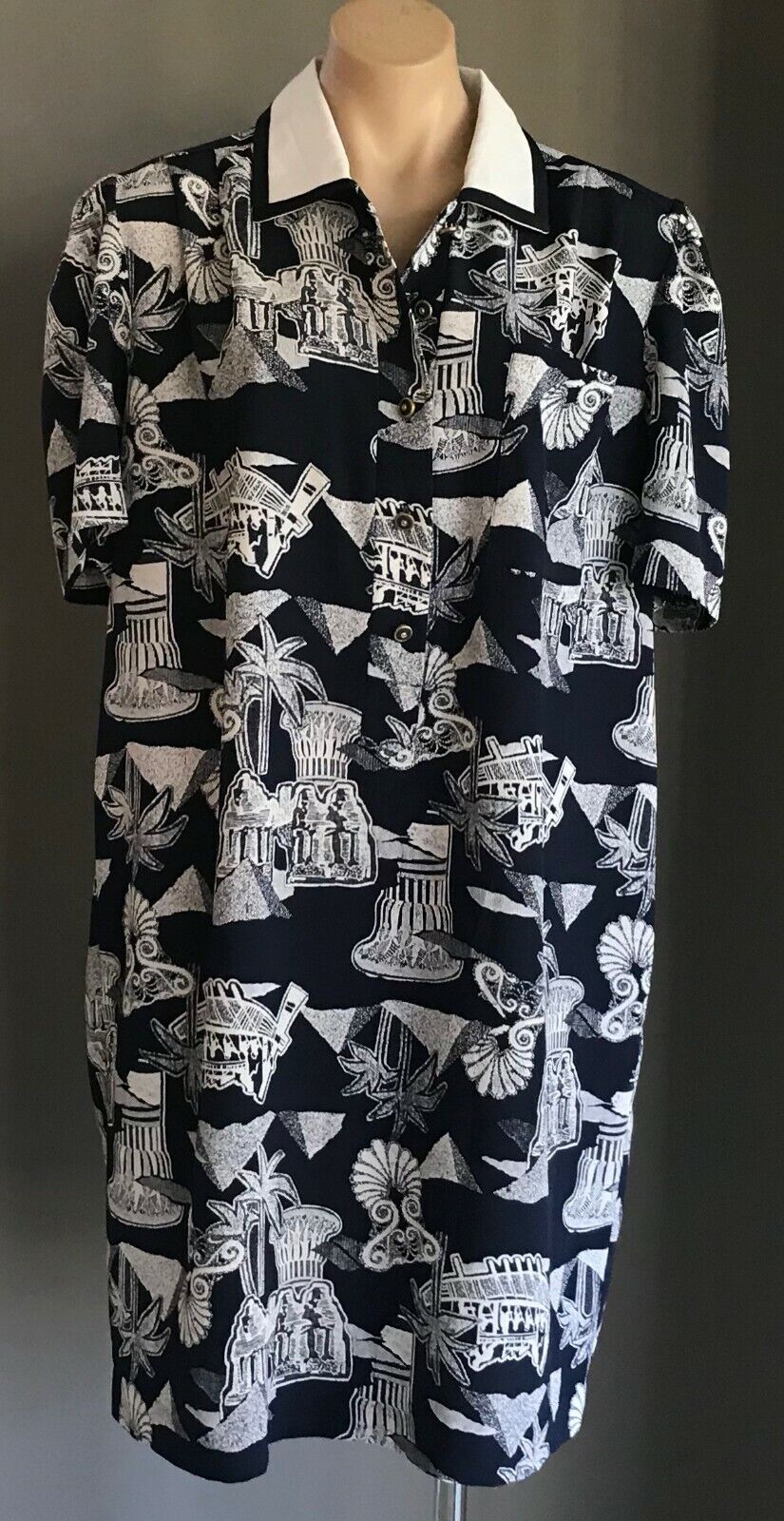 DOLINA PLUS Dress Navy Blue & White Print Short Sleeve Shirt Frock Size 18