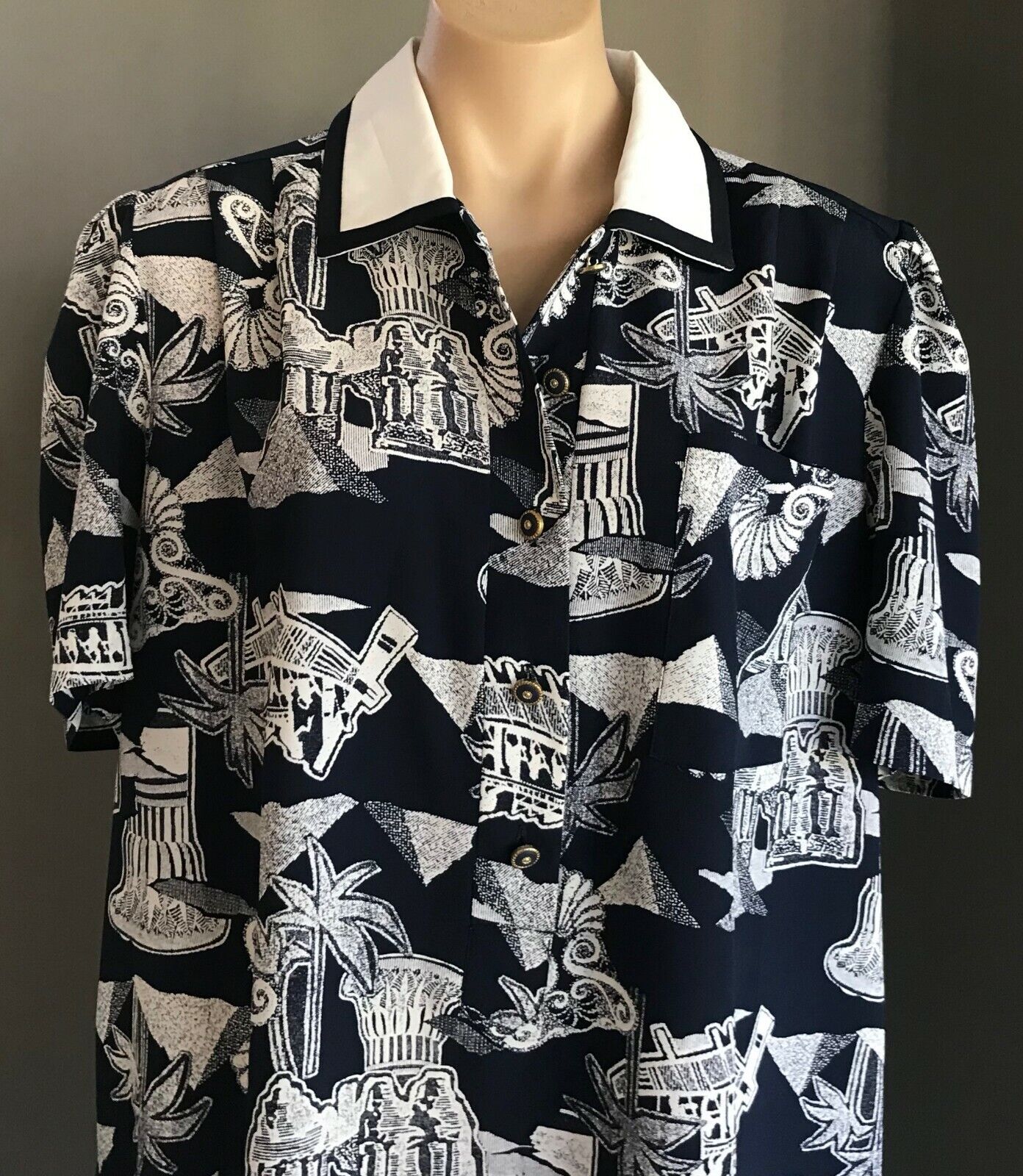 DOLINA PLUS Dress Navy Blue & White Print Short Sleeve Shirt Frock Size 18