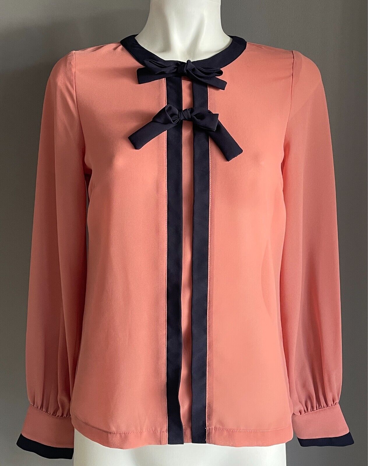 DOTTI Shirt Salmon Button Back Blouse  Navy Trim Long Sleeves Top Size 8