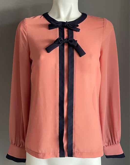 DOTTI Shirt Salmon Button Back Blouse  Navy Trim Long Sleeves Top Size 8