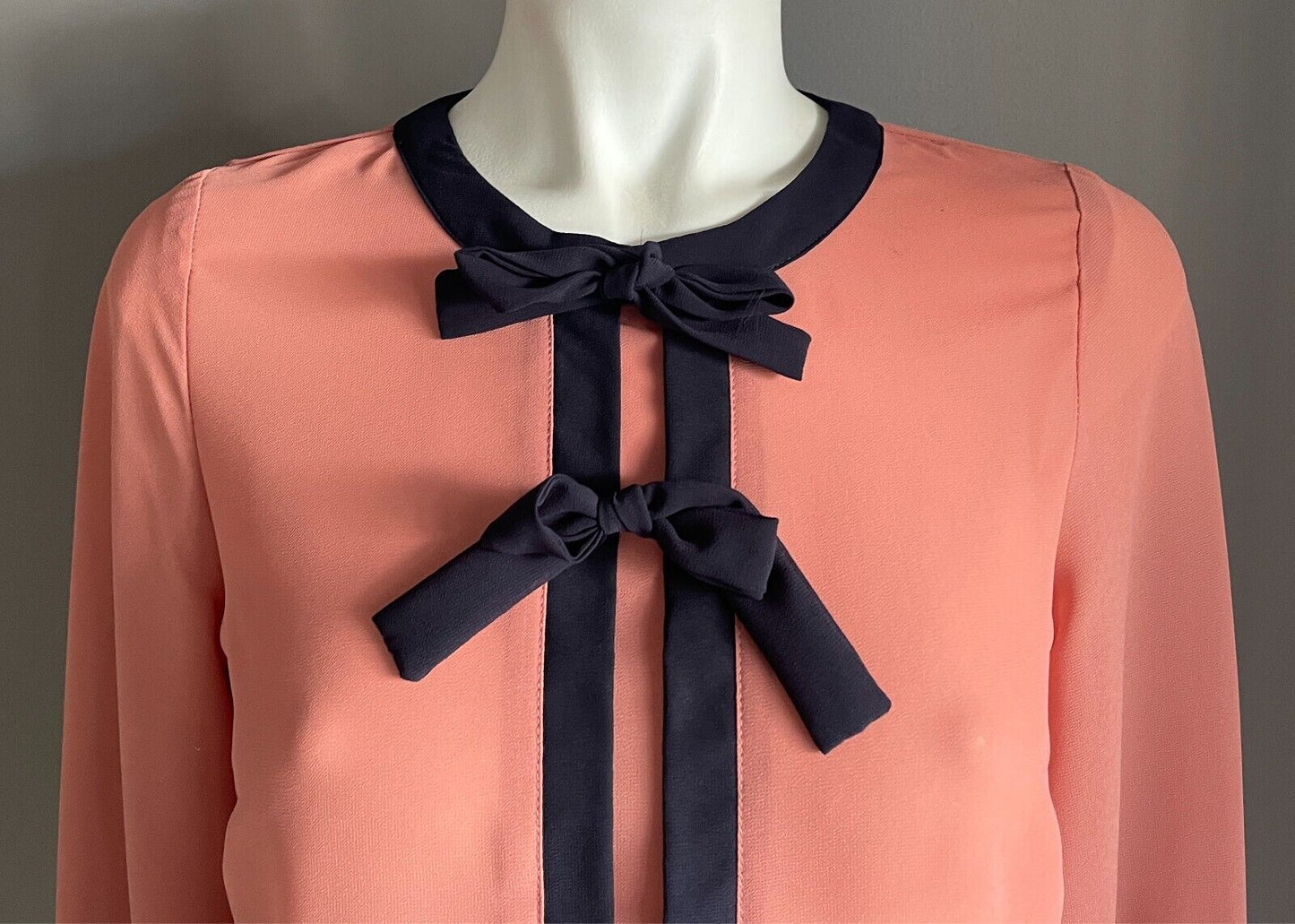 DOTTI Shirt Salmon Button Back Blouse  Navy Trim Long Sleeves Top Size 8