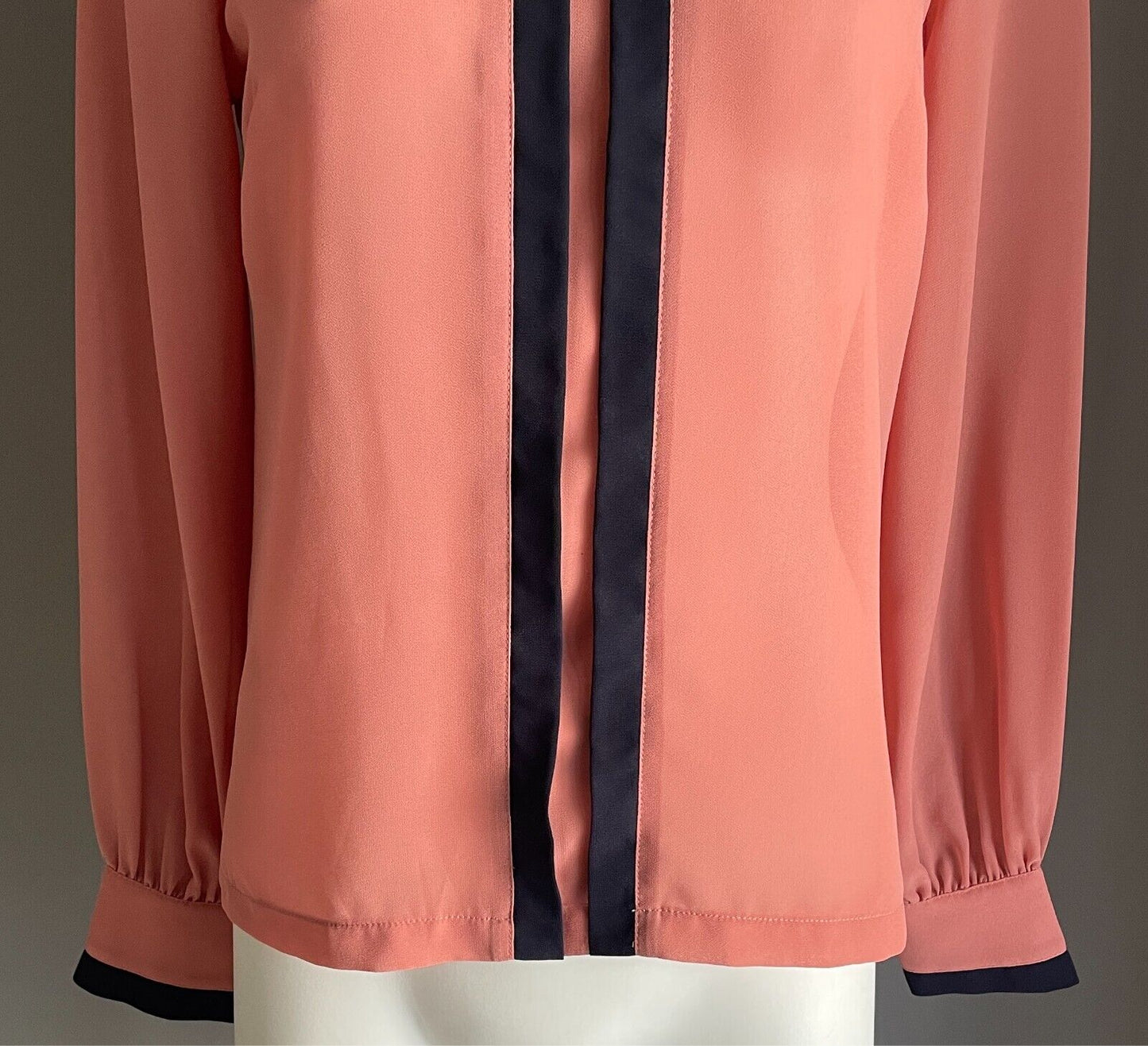 DOTTI Shirt Salmon Button Back Blouse  Navy Trim Long Sleeves Top Size 8