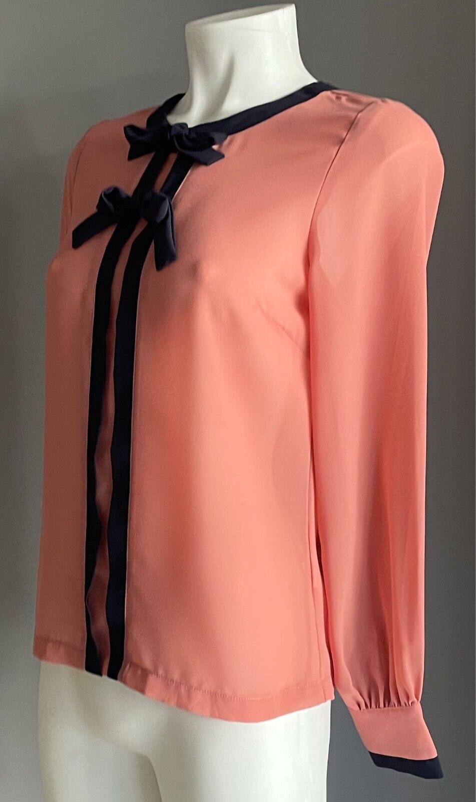 DOTTI Shirt Salmon Button Back Blouse  Navy Trim Long Sleeves Top Size 8