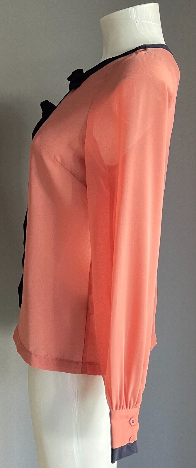 DOTTI Shirt Salmon Button Back Blouse  Navy Trim Long Sleeves Top Size 8
