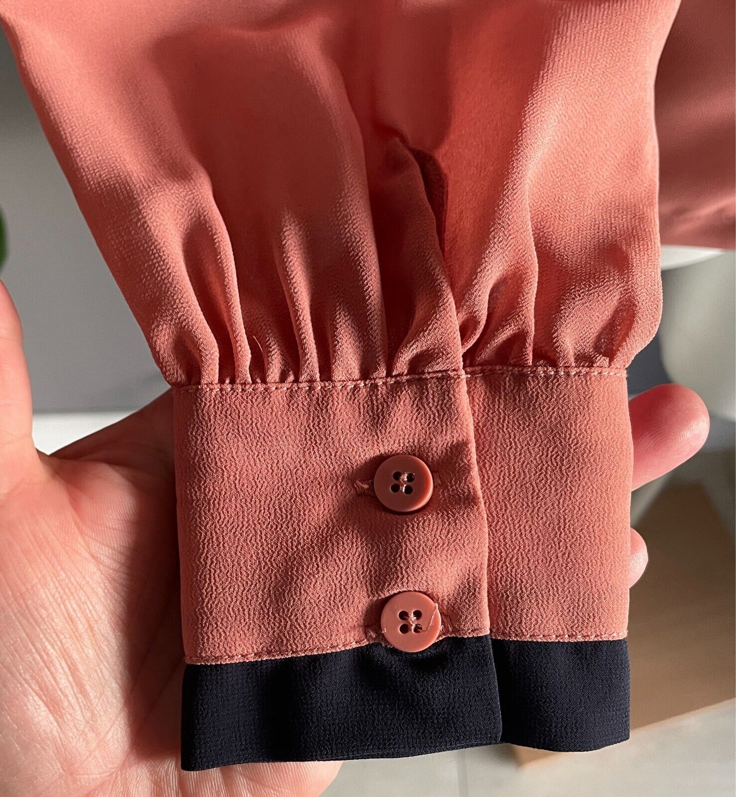 DOTTI Shirt Salmon Button Back Blouse  Navy Trim Long Sleeves Top Size 8