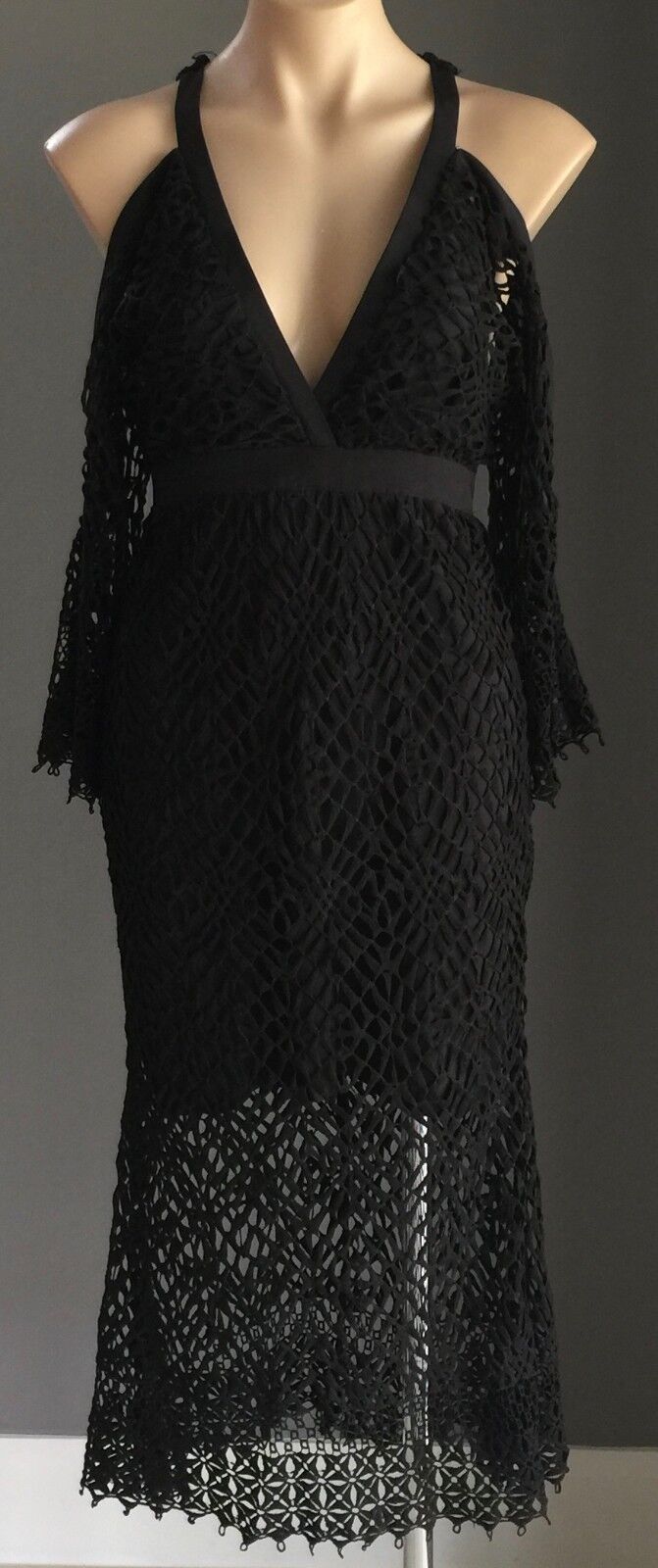DOTTI Dress Black Crochet Lace Cut Out Trumpet Sleeve Midi Size 8 10 Gorgeous!
