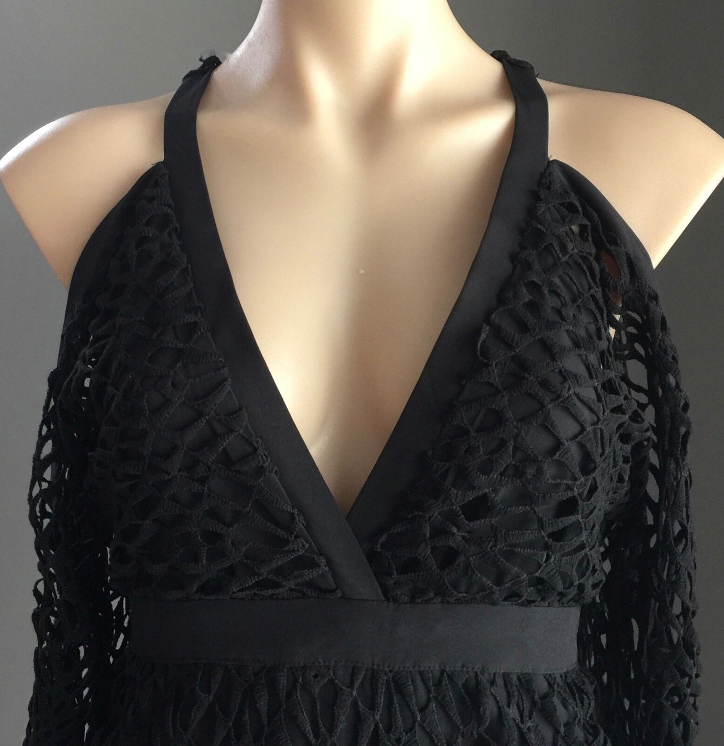 DOTTI Dress Black Crochet Lace Cut Out Trumpet Sleeve Midi Size 8 10 Gorgeous!