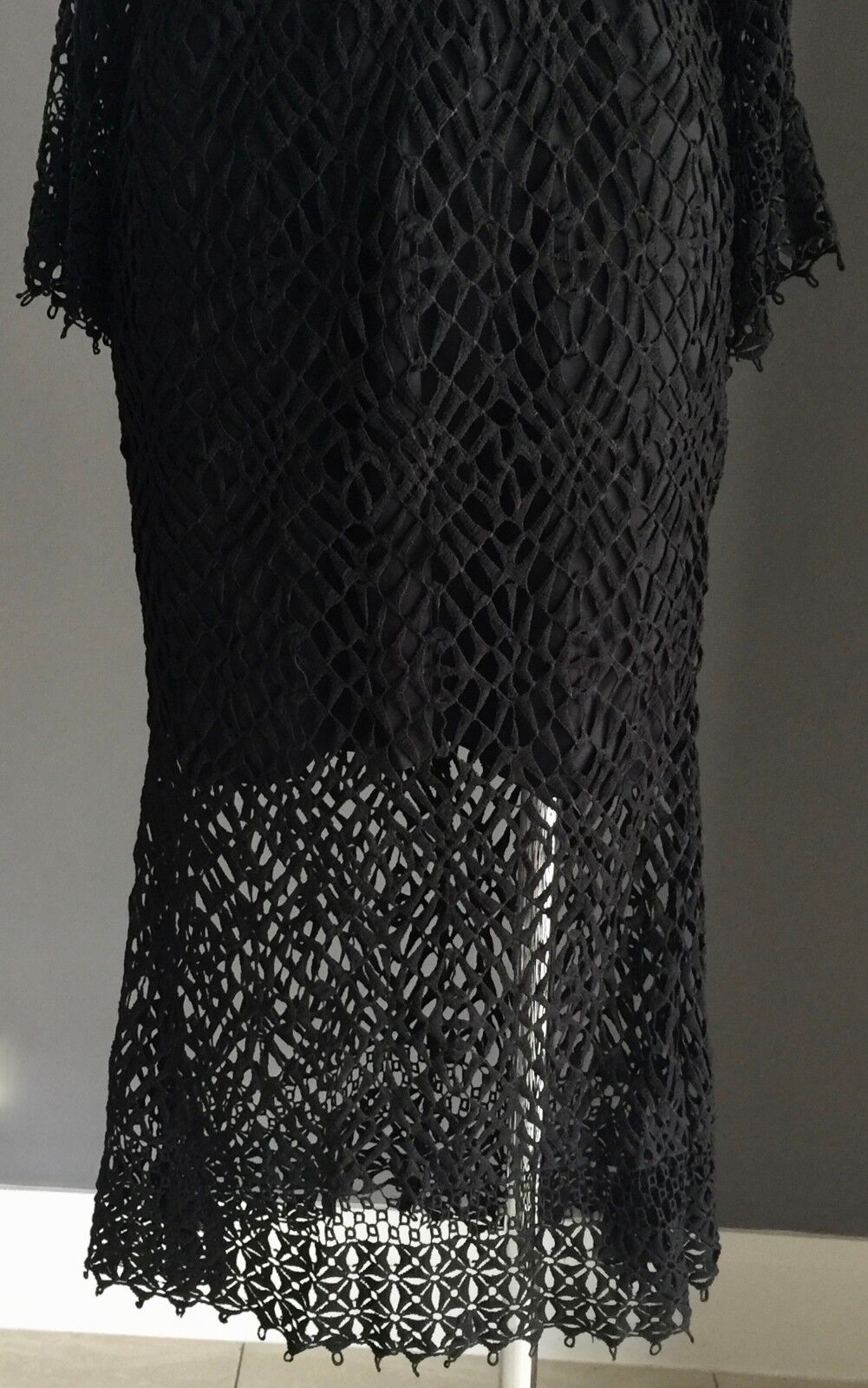 DOTTI Dress Black Crochet Lace Cut Out Trumpet Sleeve Midi Size 8 10 Gorgeous!