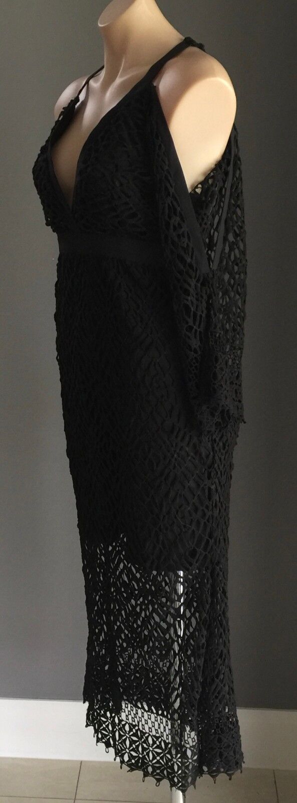 DOTTI Dress Black Crochet Lace Cut Out Trumpet Sleeve Midi Size 8 10 Gorgeous!