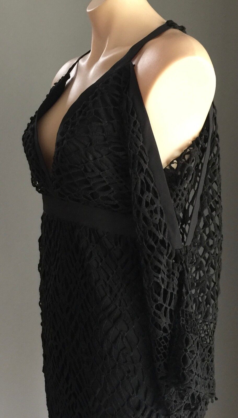 DOTTI Dress Black Crochet Lace Cut Out Trumpet Sleeve Midi Size 8 10 Gorgeous!