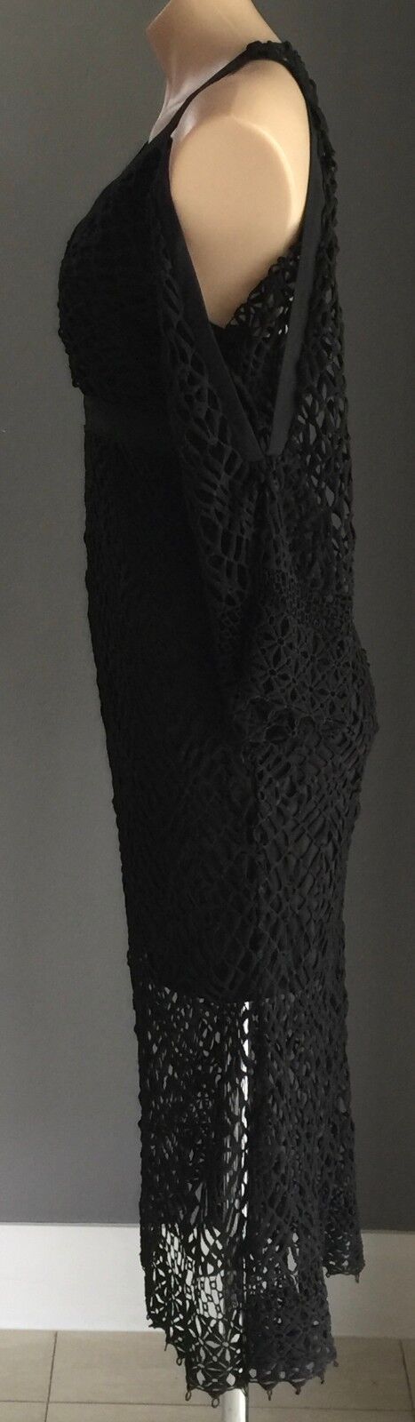 DOTTI Dress Black Crochet Lace Cut Out Trumpet Sleeve Midi Size 8 10 Gorgeous!