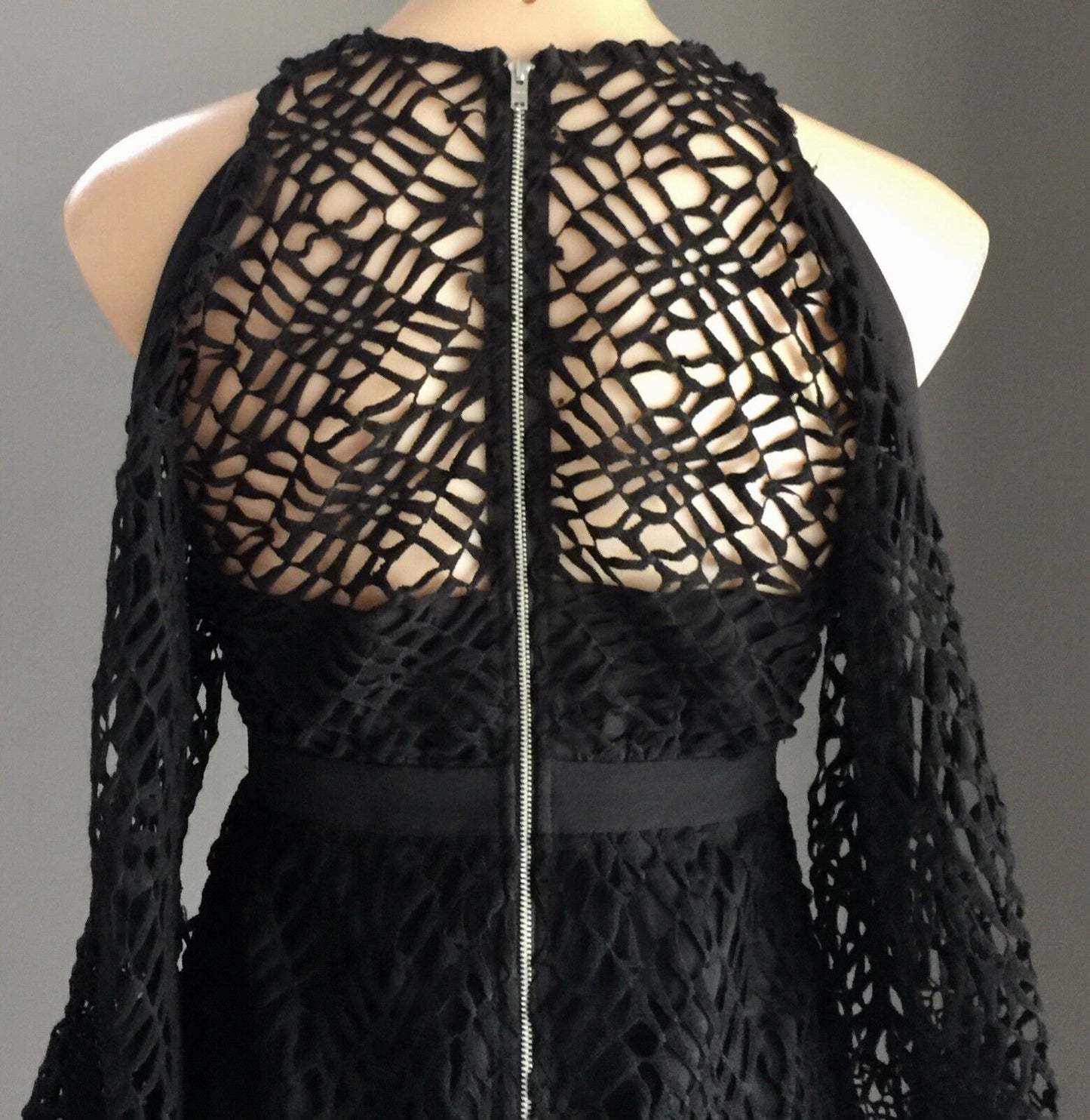 DOTTI Dress Black Crochet Lace Cut Out Trumpet Sleeve Midi Size 8 10 Gorgeous!