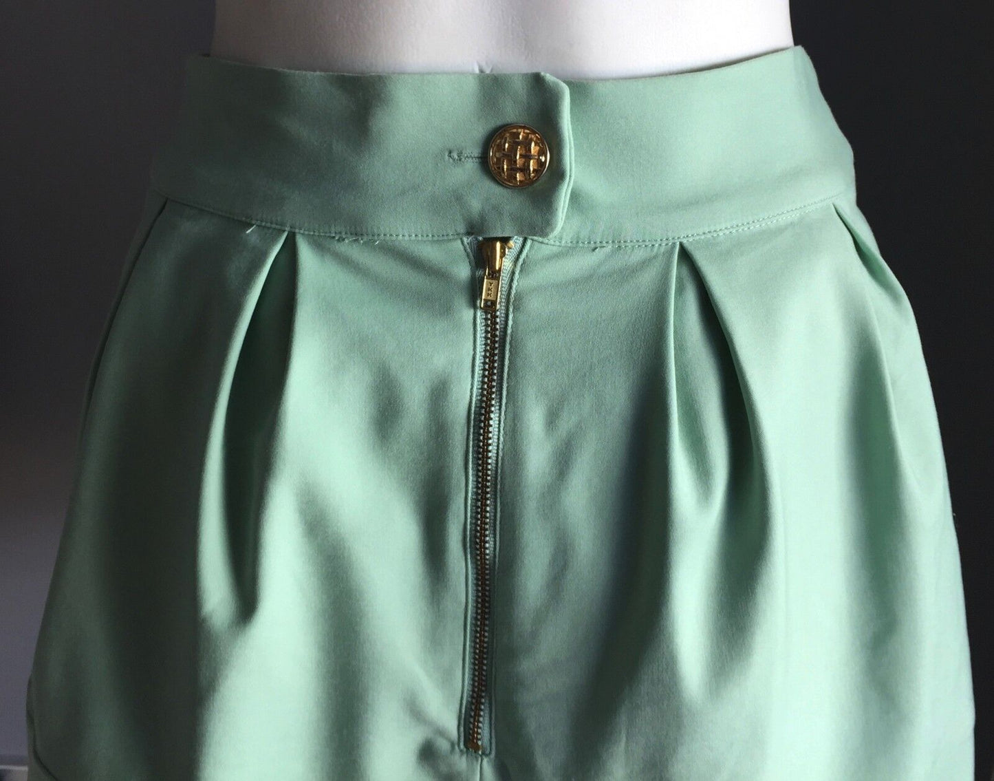 DOTTI Skirt Mini Mint Green Pouf Pleated Bell Gold Button Zip Ladies Sz 6 8 NEW