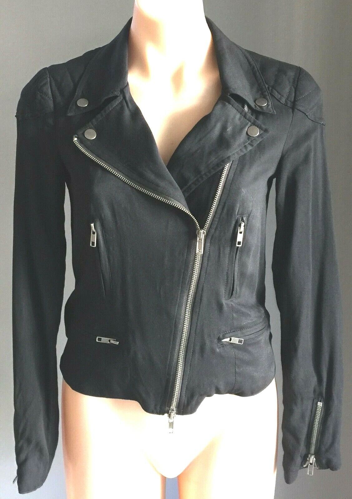 DOTTI Denim Jeans Jacket Black Biker Style Soft Size 6 8 Classic Zip Front Moto