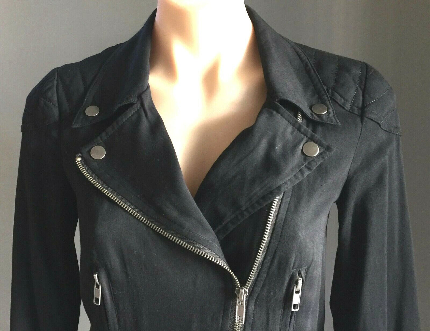 DOTTI Denim Jeans Jacket Black Biker Style Soft Size 6 8 Classic Zip Front Moto