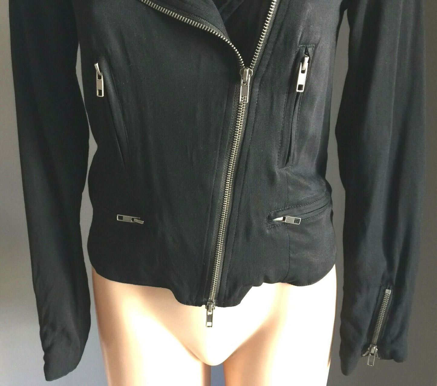 DOTTI Denim Jeans Jacket Black Biker Style Soft Size 6 8 Classic Zip Front Moto