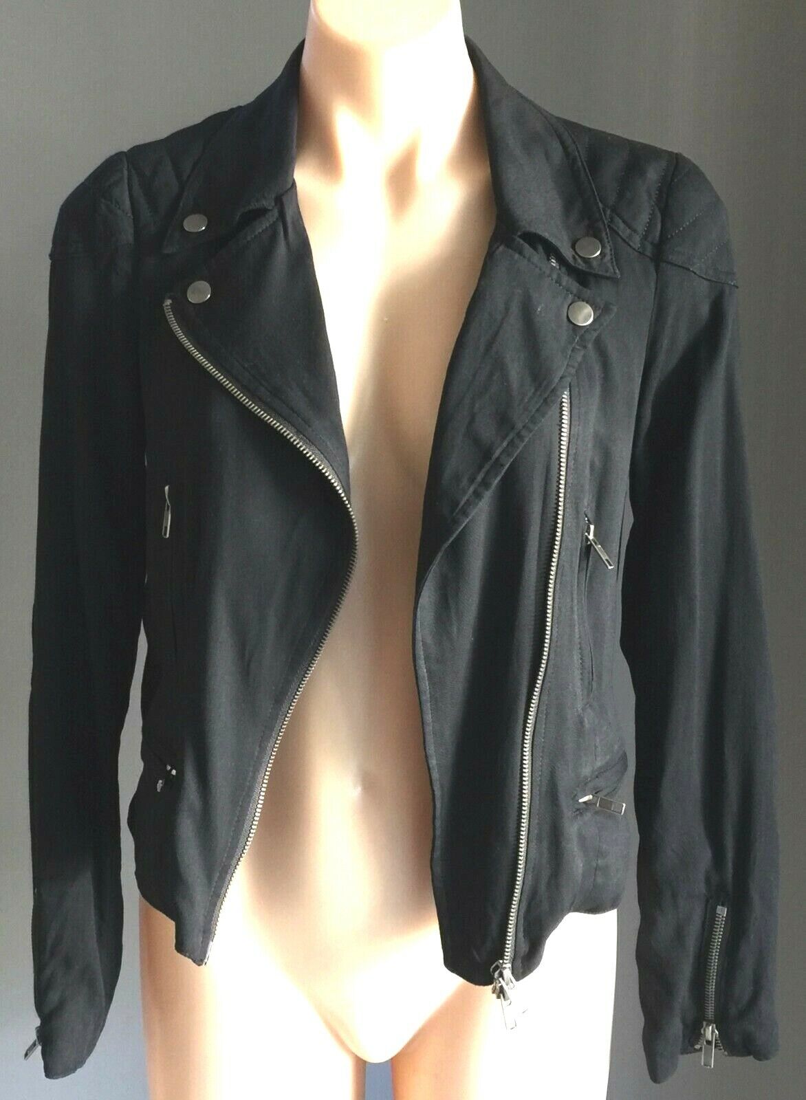 DOTTI Denim Jeans Jacket Black Biker Style Soft Size 6 8 Classic Zip Front Moto