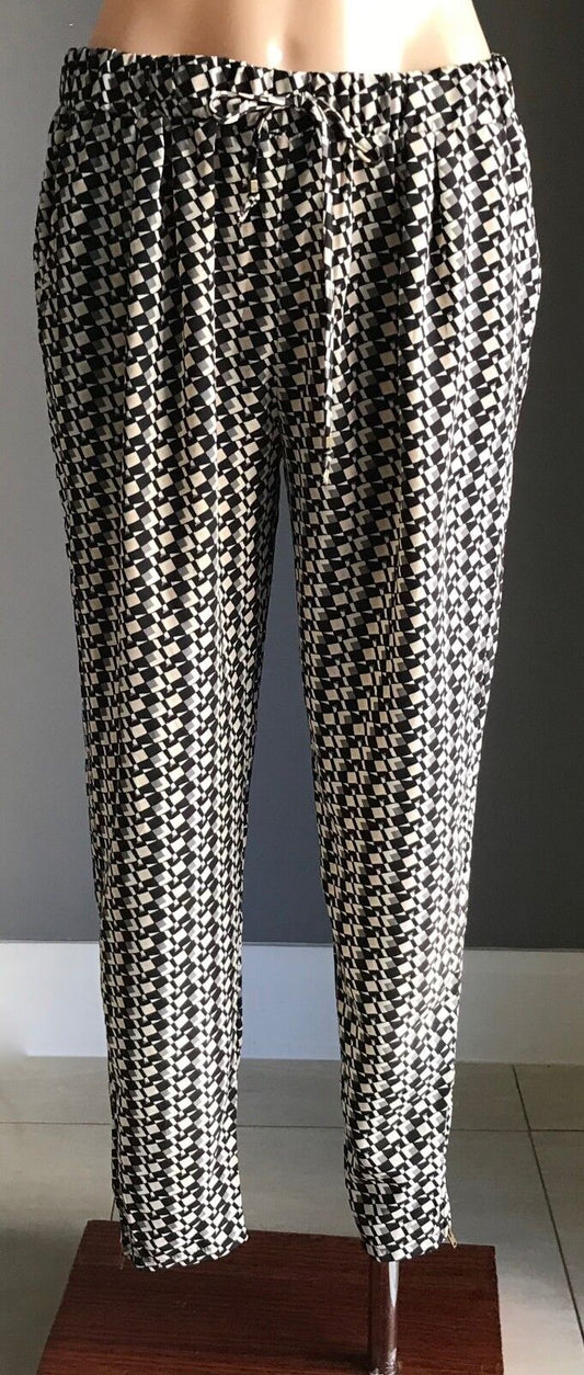 DOTTI Pants Lounge Black Taupe White Cream Geometric Print Relaxed Size 10 NEW