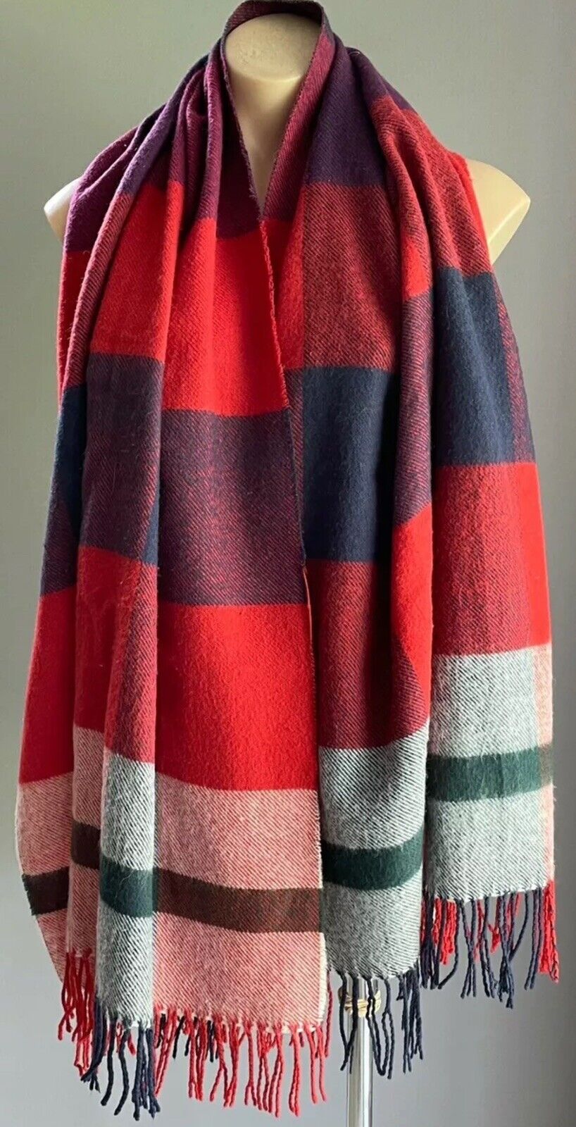 DOTTI Scarf Red Blue Check Plaid Rectangle Knit Wrap Fringed Acrylic 600173 NEW