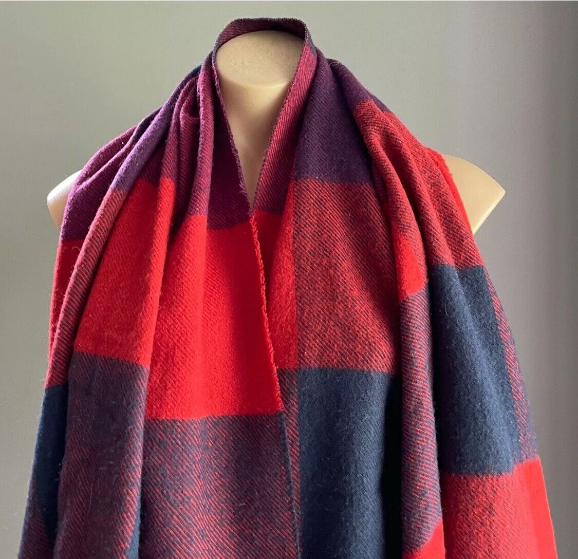 DOTTI Scarf Red Blue Check Plaid Rectangle Knit Wrap Fringed Acrylic 600173 NEW