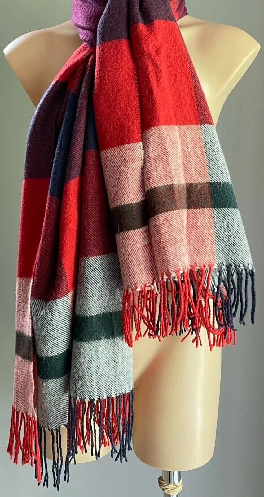 DOTTI Scarf Red Blue Check Plaid Rectangle Knit Wrap Fringed Acrylic 600173 NEW