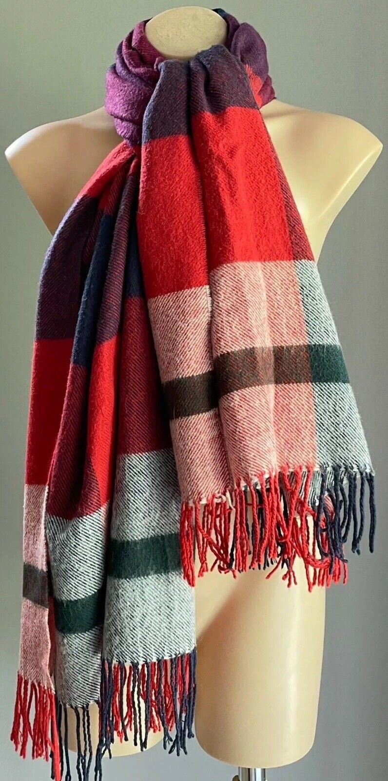 DOTTI Scarf Red Blue Check Plaid Rectangle Knit Wrap Fringed Acrylic 600173 NEW