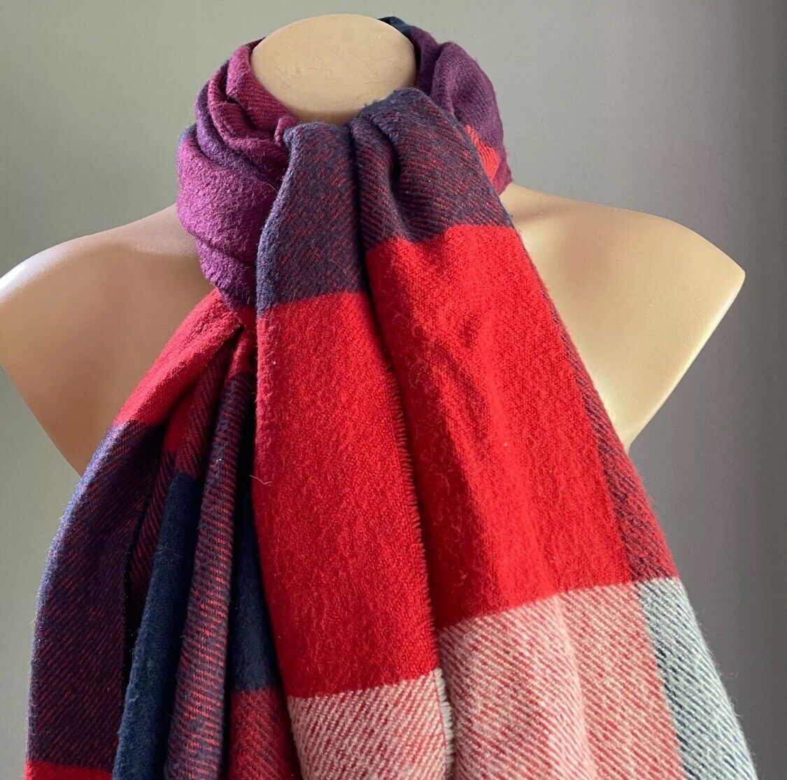 DOTTI Scarf Red Blue Check Plaid Rectangle Knit Wrap Fringed Acrylic 600173 NEW