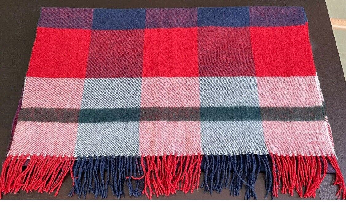 DOTTI Scarf Red Blue Check Plaid Rectangle Knit Wrap Fringed Acrylic 600173 NEW
