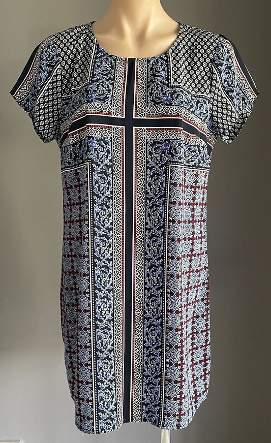 DOTTI Dress Black Blue White Red Print Short Sleeve Shift Size 12