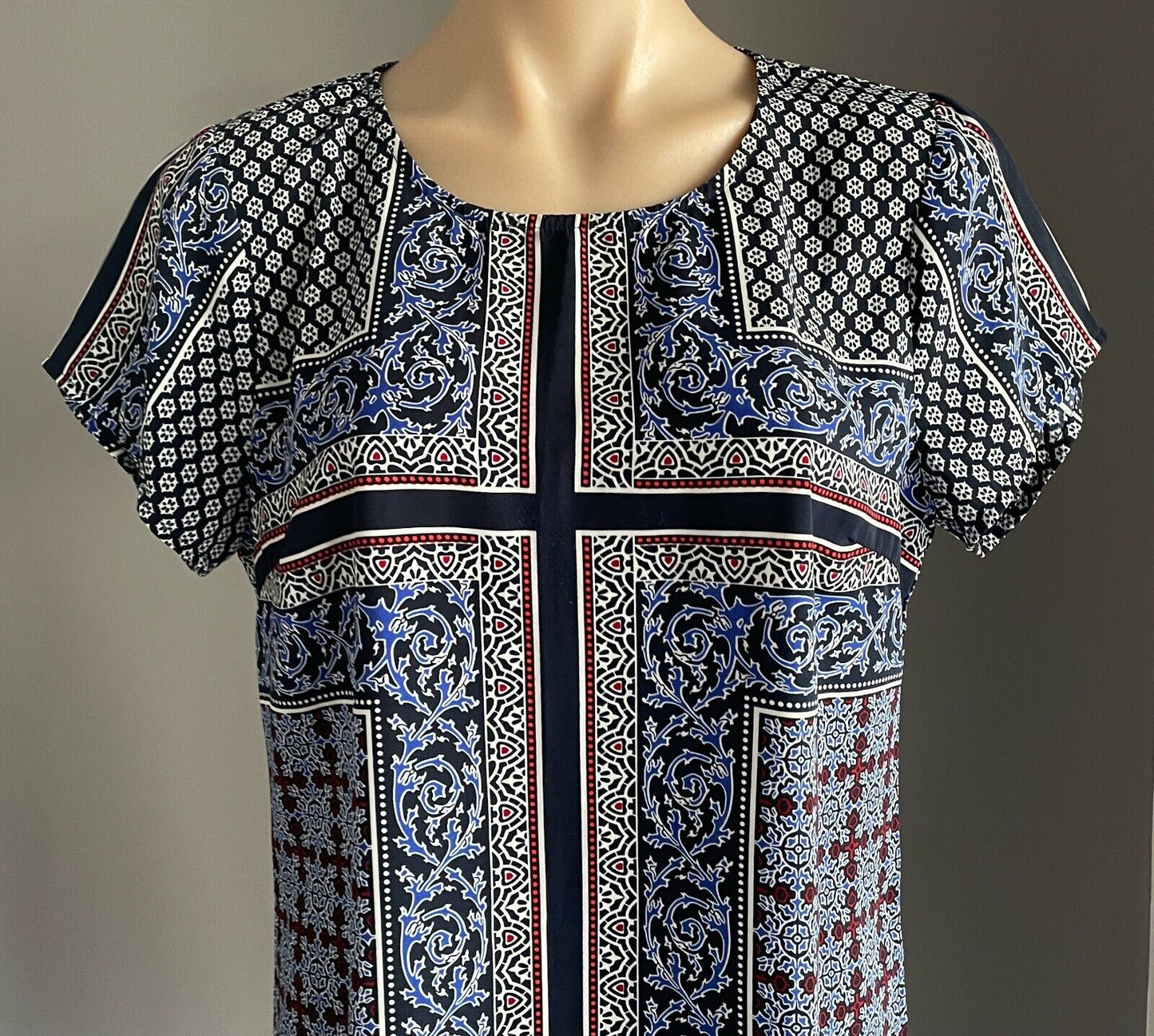 DOTTI Dress Black Blue White Red Print Short Sleeve Shift Size 12