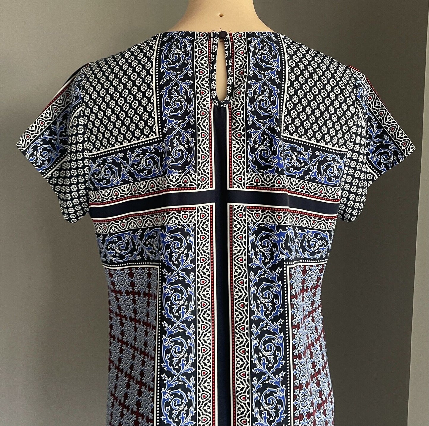 DOTTI Dress Black Blue White Red Print Short Sleeve Shift Size 12