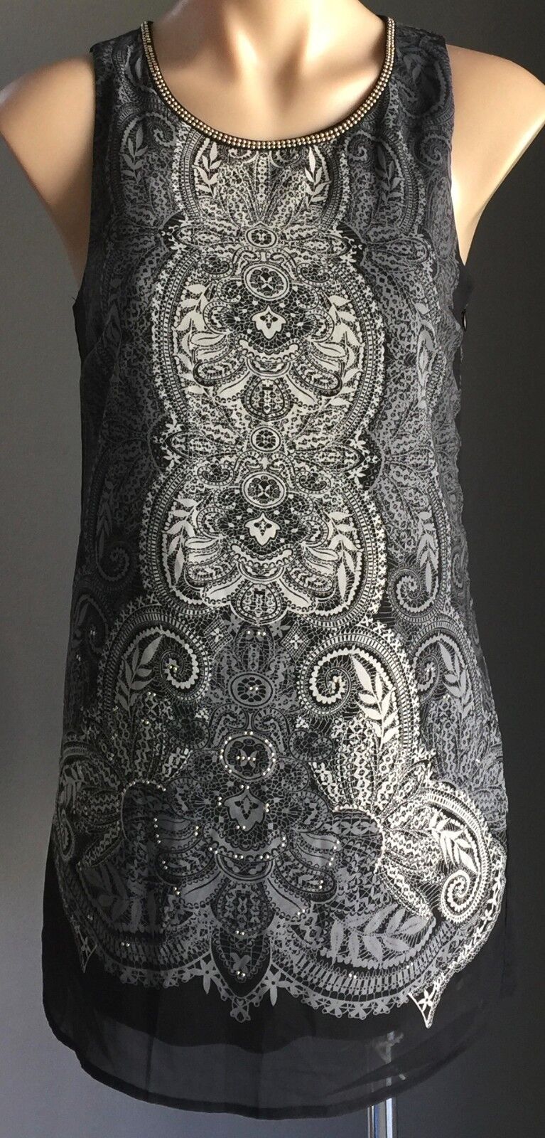 DOTTI Dress Mini Black Grey Paisley Side Zip Gold Studs Shift Sz 8 10 New