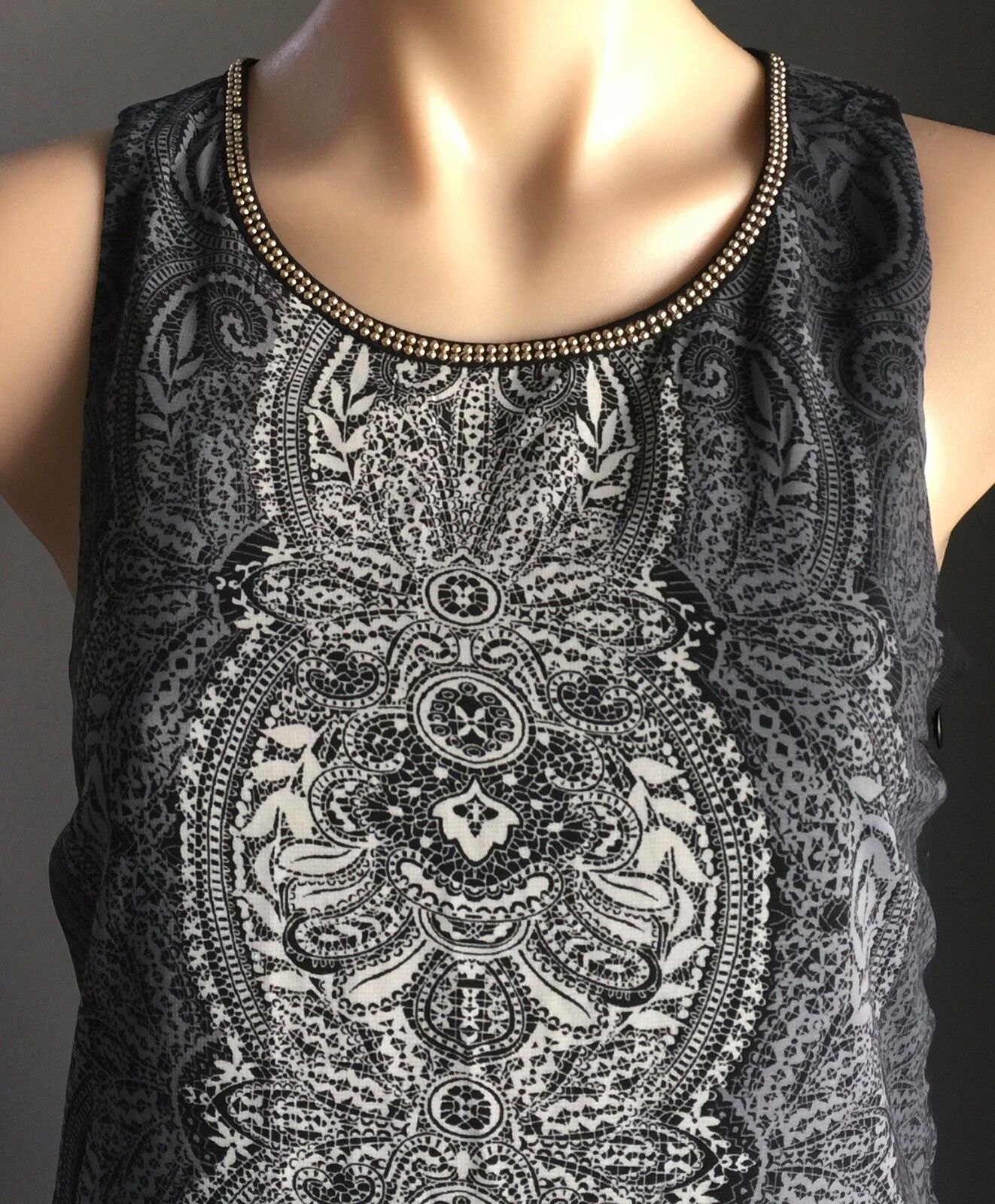 DOTTI Dress Mini Black Grey Paisley Side Zip Gold Studs Shift Sz 8 10 New