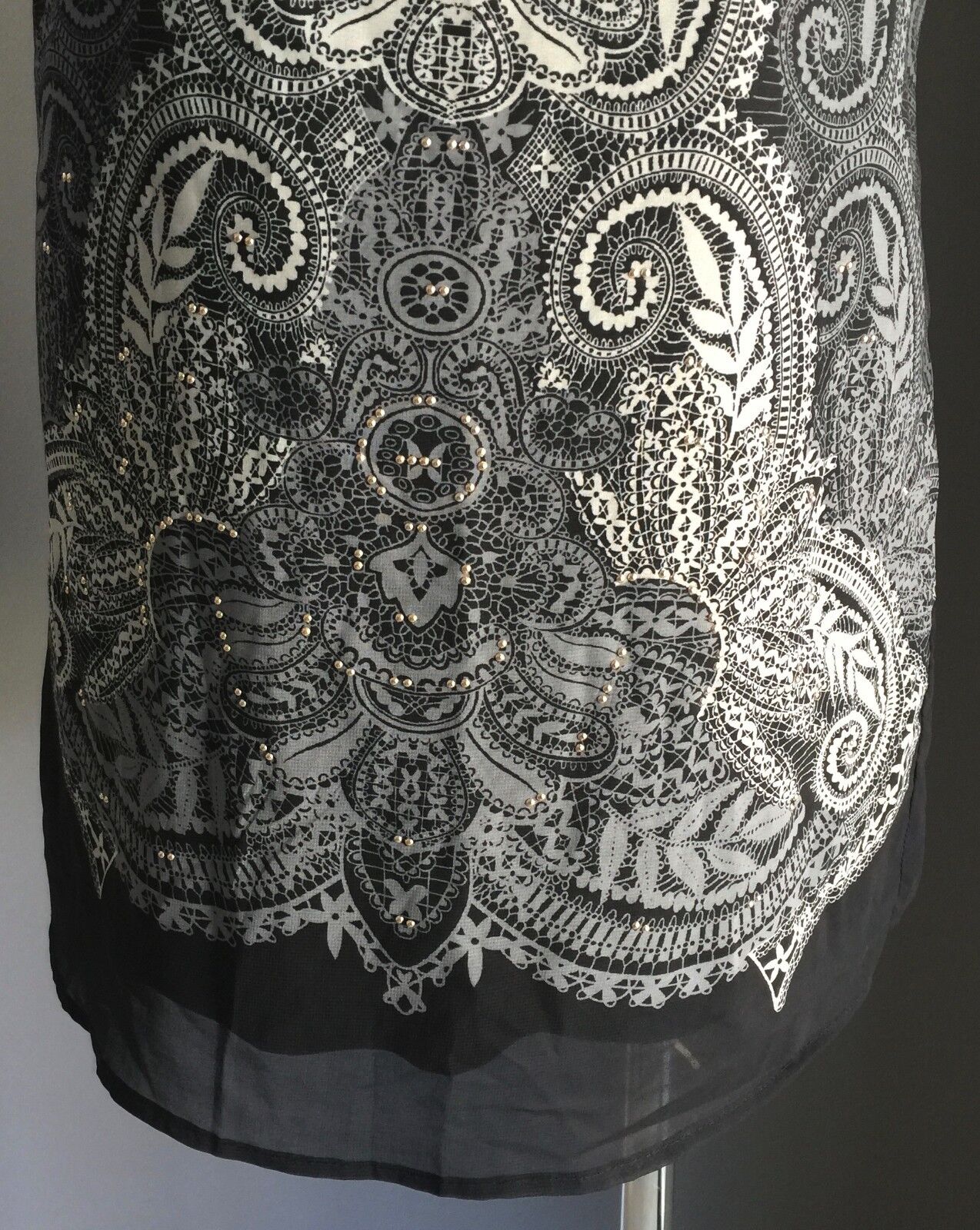 DOTTI Dress Mini Black Grey Paisley Side Zip Gold Studs Shift Sz 8 10 New