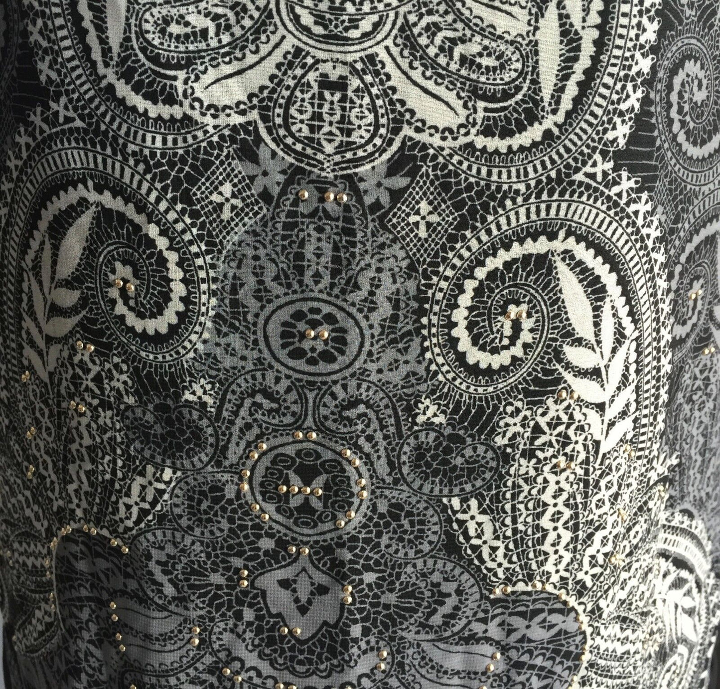 DOTTI Dress Mini Black Grey Paisley Side Zip Gold Studs Shift Sz 8 10 New