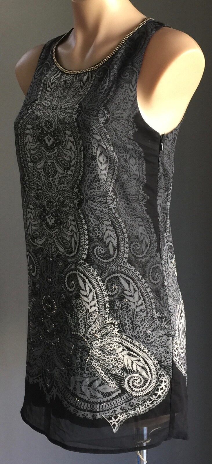 DOTTI Dress Mini Black Grey Paisley Side Zip Gold Studs Shift Sz 8 10 New