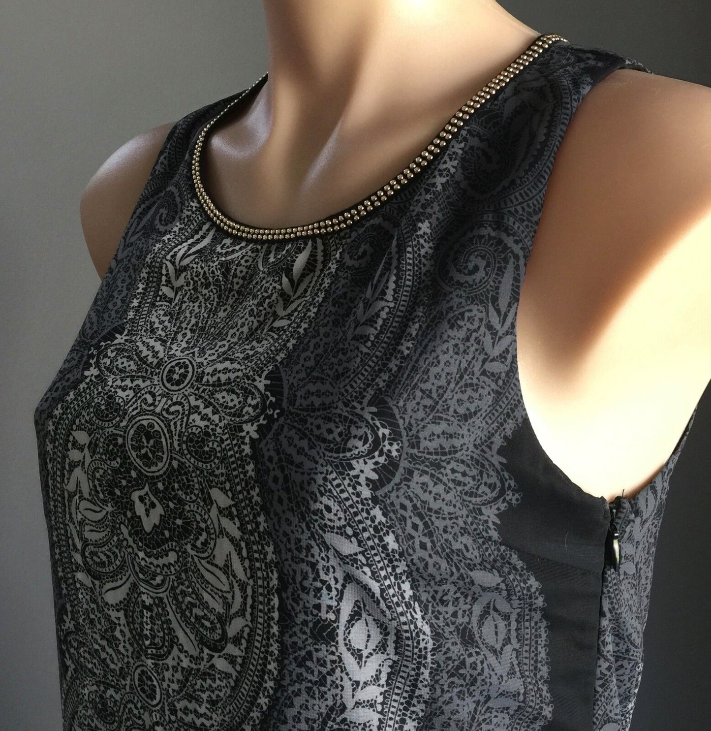 DOTTI Dress Mini Black Grey Paisley Side Zip Gold Studs Shift Sz 8 10 New
