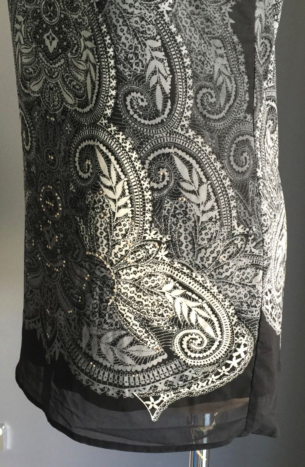 DOTTI Dress Mini Black Grey Paisley Side Zip Gold Studs Shift Sz 8 10 New