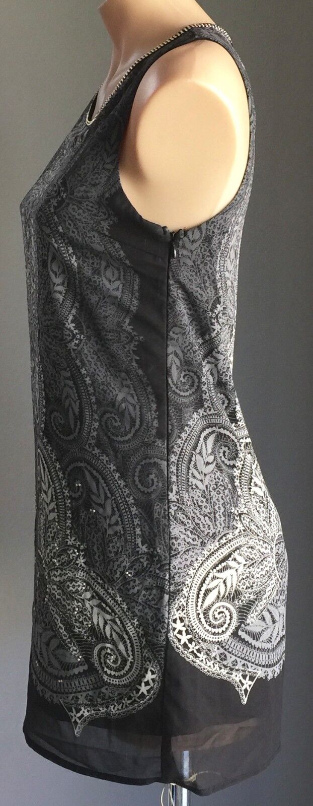 DOTTI Dress Mini Black Grey Paisley Side Zip Gold Studs Shift Sz 8 10 New