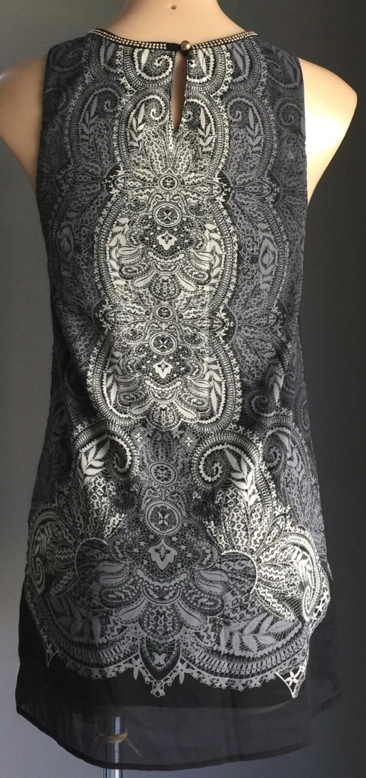DOTTI Dress Mini Black Grey Paisley Side Zip Gold Studs Shift Sz 8 10 New