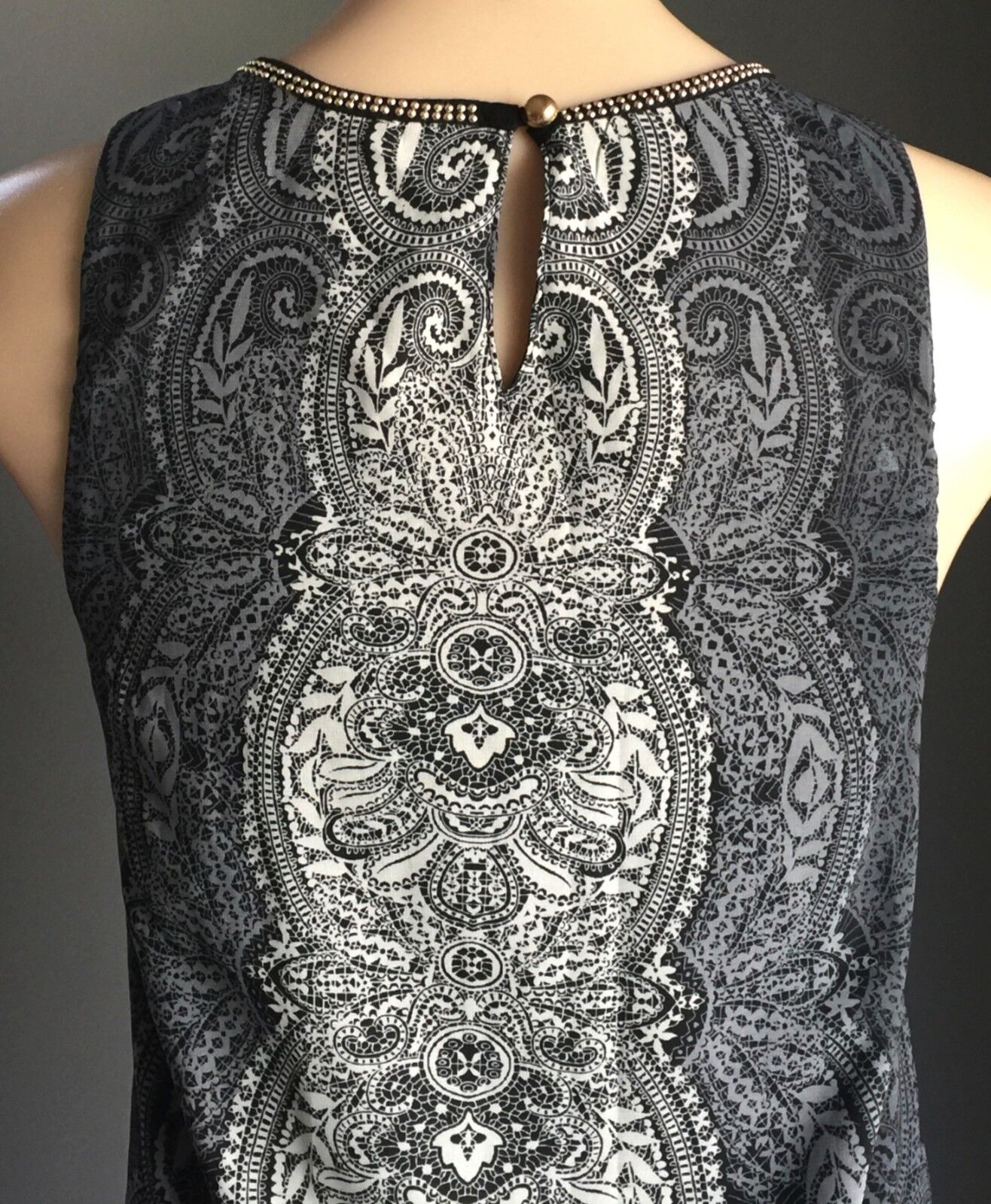 DOTTI Dress Mini Black Grey Paisley Side Zip Gold Studs Shift Sz 8 10 New