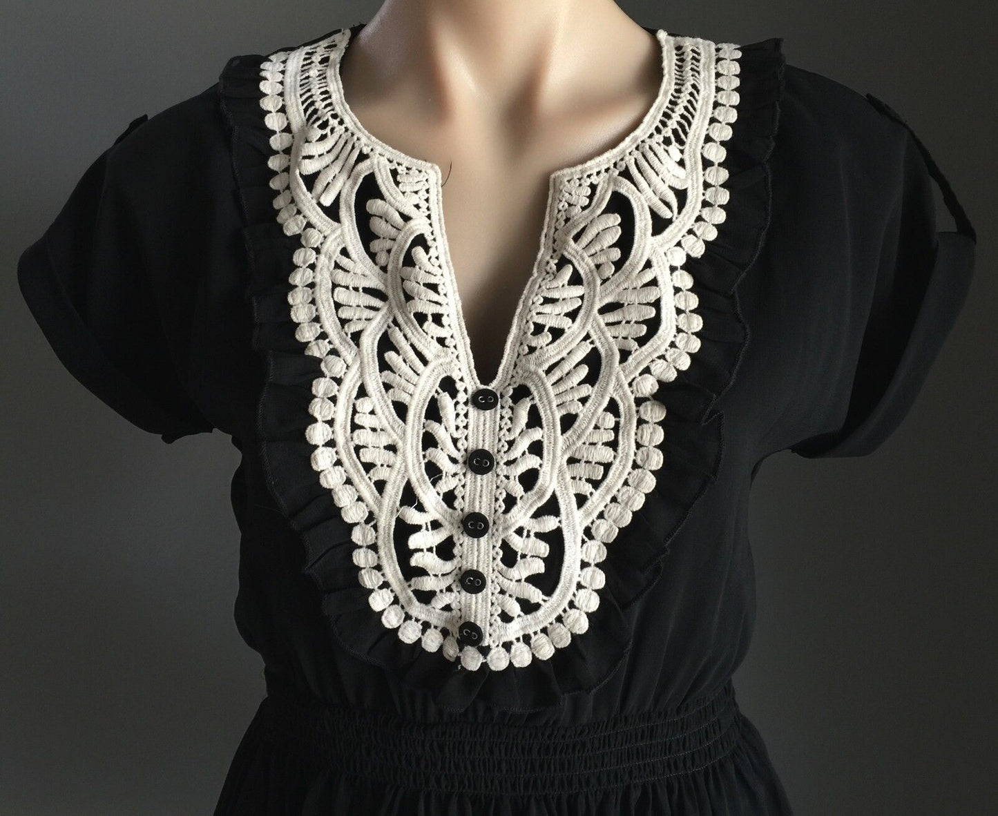 DOTTI Dress Black & Ivory Lace Short Sleeve Elastic Waist Dress Sz 8 10 Vintage