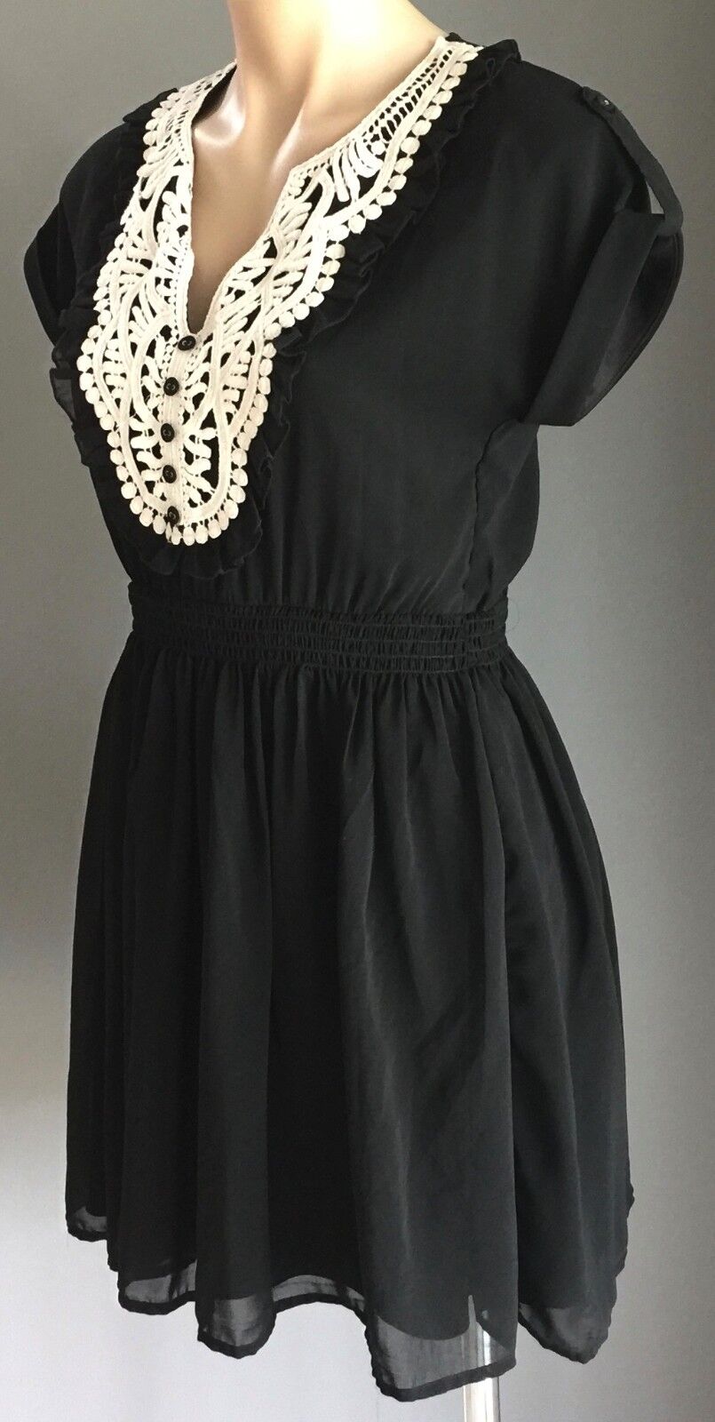DOTTI Dress Black & Ivory Lace Short Sleeve Elastic Waist Dress Sz 8 10 Vintage
