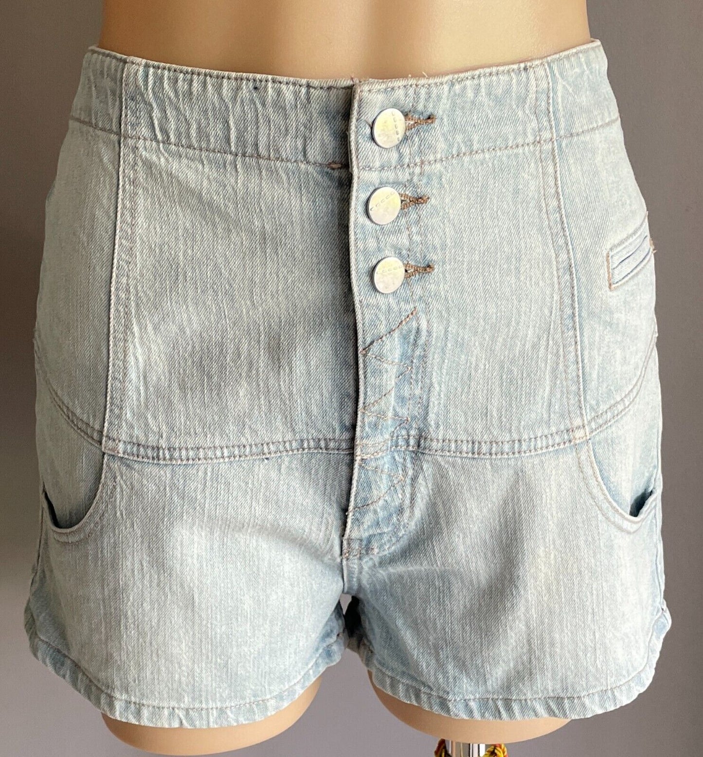 DOTTI Shorts High Waist Faded Blue Denim Size 14 Bombshell Retro 3 Button Zip