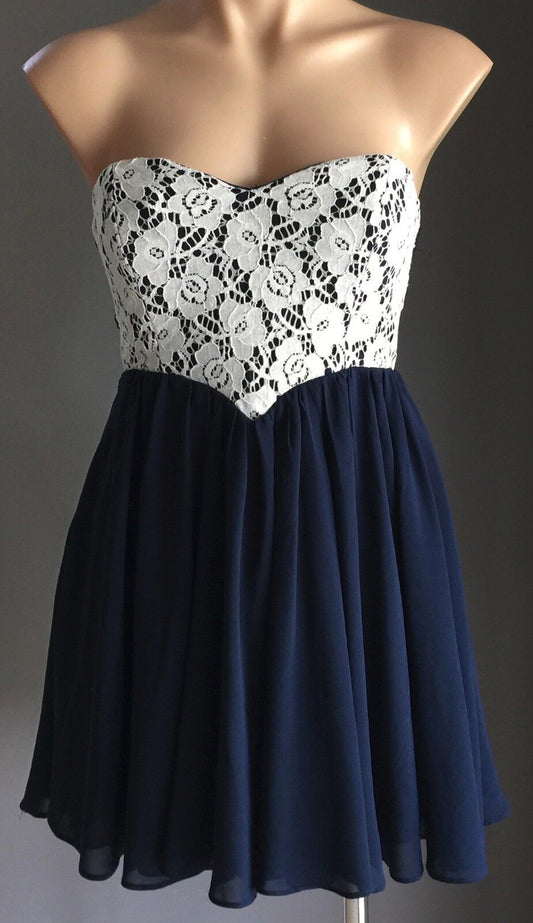 DOTTI  Strapless Dress Empire Waist Size 10 Navy Blue & White Lace Stunning