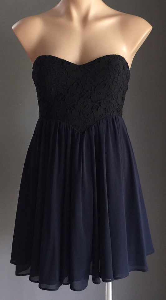 DOTTI MINI Strapless Dress Black Lace Bodice & Navy Ladies Size 8 10 Retro
