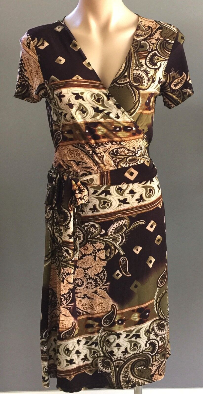 TIGHTROPE Wrap Dress Brown & Khaki  Paisley Print Stretch Size 12 Stylish Design
