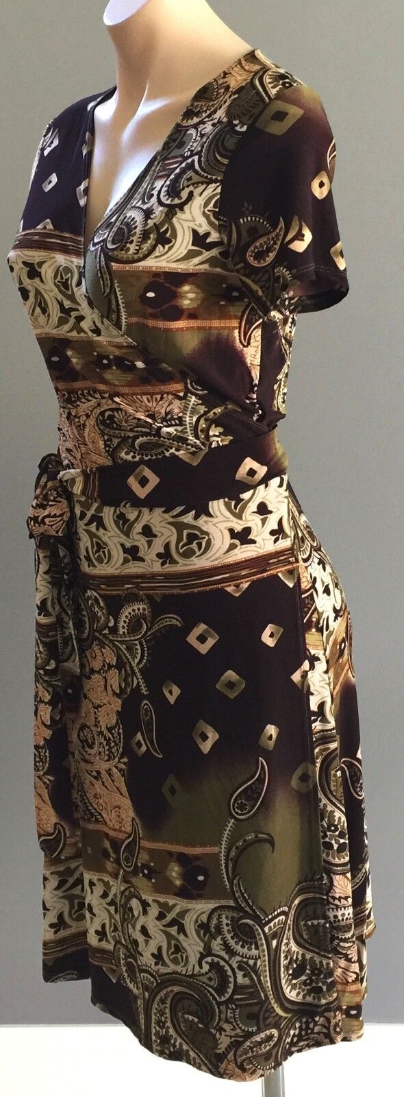 TIGHTROPE Wrap Dress Brown & Khaki  Paisley Print Stretch Size 12 Stylish Design