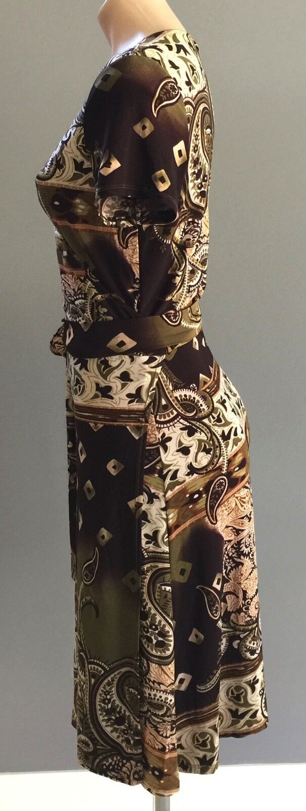 TIGHTROPE Wrap Dress Brown & Khaki  Paisley Print Stretch Size 12 Stylish Design